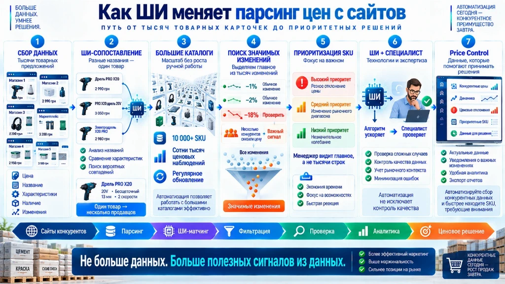 Инфографика о том, как ИИ меняет парсинг цен: сбор данных, сопоставление товаров, фильтрация изменений и приоритизация SKU. Инфографика о том, как ИИ меняет парсинг цен: сбор данных, сопоставление товаров, фильтрация изменений и приоритизация SKU.